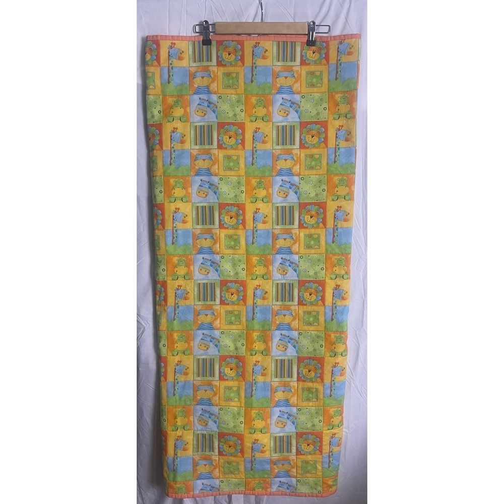 Handmade hand stitched orange blue yellow zoo animals baby quilt size 43" x 47"